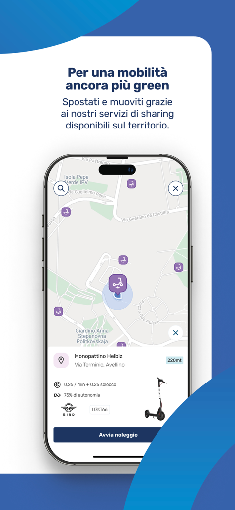 UNICO Campania app - UNICO Campania App-Bildschirm, der eine Karte mit E-Scooter-Verleihstandorten in Avellino, Italien, anzeigt