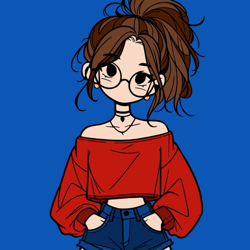 girl with a messy ponytail glasses a baggy crop top and jean shorts