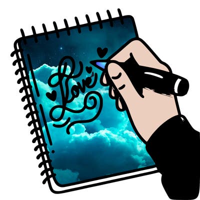 a hand writing “love” in calligraphy on a notebook