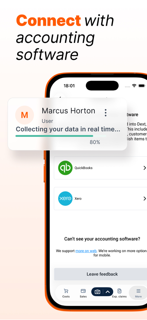 A smartphone displaying the Dext app interface for connecting with accounting software like QuickBooks and Xero while collecting data in real-time.