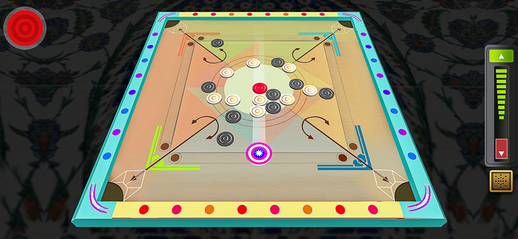 Carrom Star Pool Game - Digital carrom board with black white and red pieces and a striker