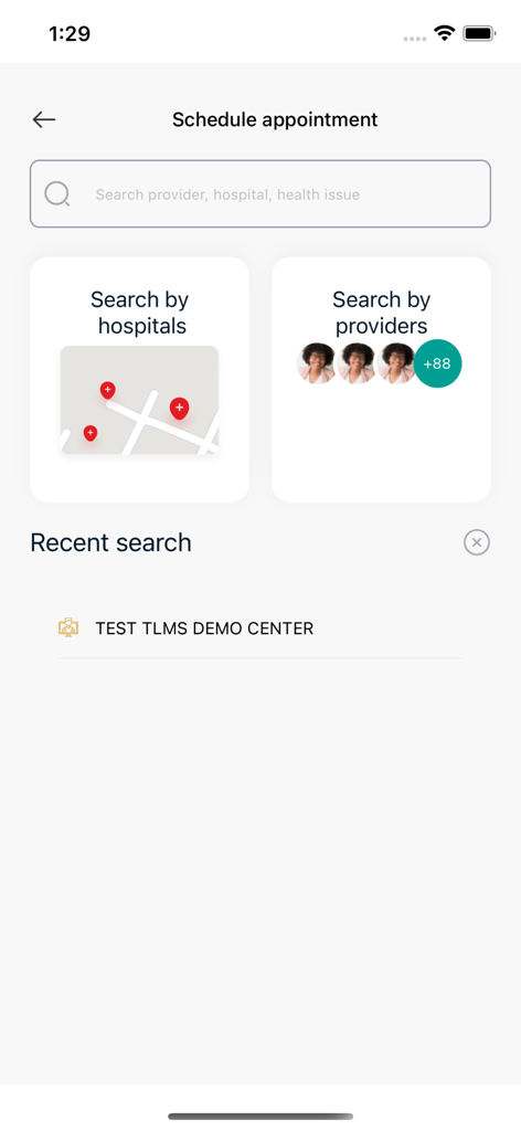 Talamus - The Talamus mobile app screen for scheduling healthcare appointments with options to search by hospitals or individual providers.