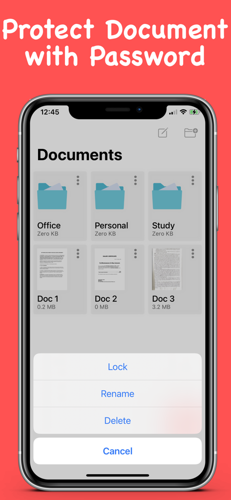 PDF Editor : Text to Speech - Un smartphone que muestra la pantalla de gestión de documentos de la aplicación Editor de PDF con un menú emergente que resalta la opción Bloquear para protección con contraseña.
