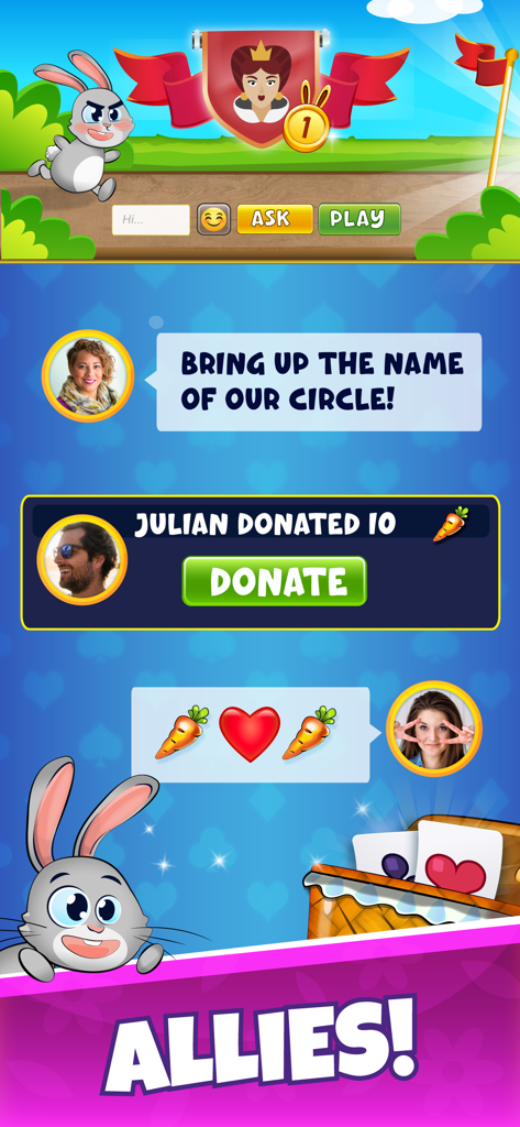 Social Allies feature in the Burraco online card game showing player chat and donation options.