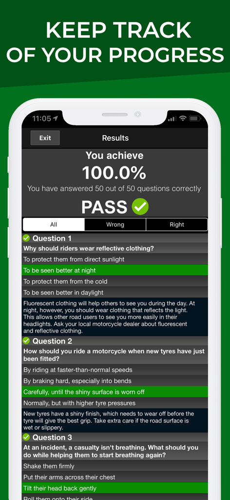 Motorcycle Theory Test UK - Motorcycle Theory Test UK app results page showing a 100 percent pass score and question review