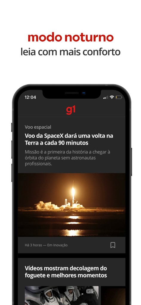 SpaceX에 대한 뉴스가 있는 야간 모드 G1 앱 인터페이스