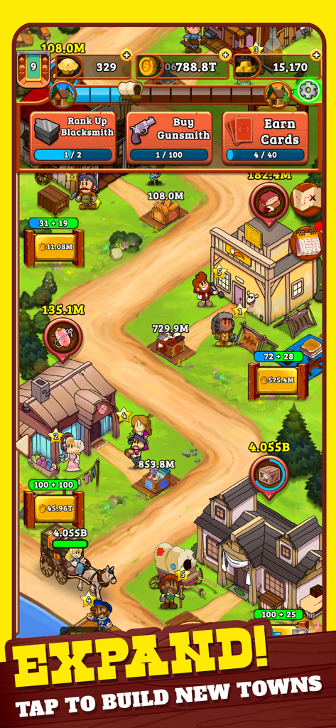 Gameplay screenshot of Idle Frontier Western Tapper showing a cartoon Wild West town with the text Expand Tap to Build New Towns