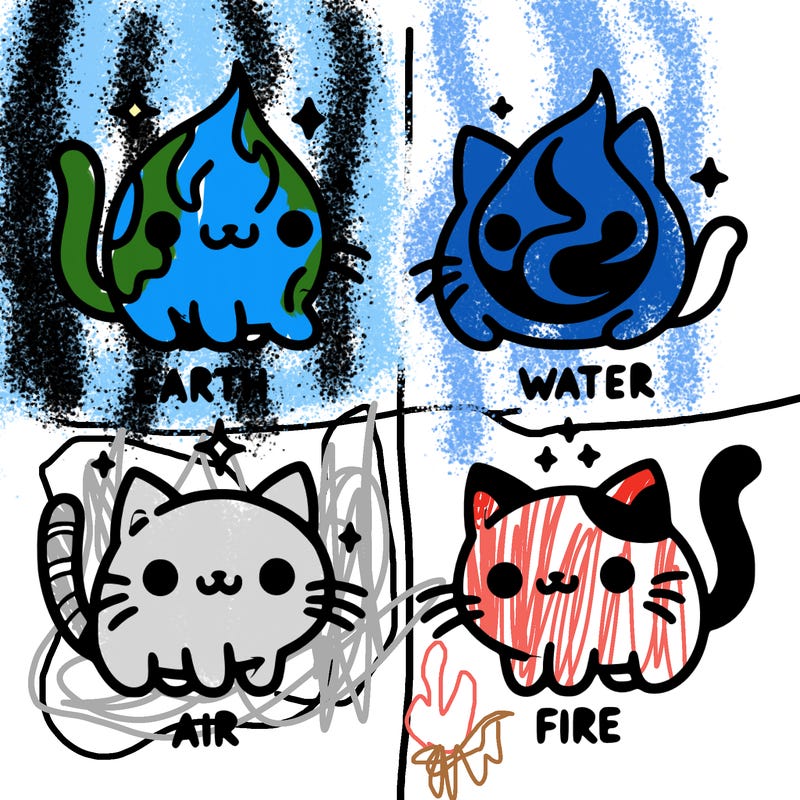 4 cats that represent the different elements, earth, water, air, and fire