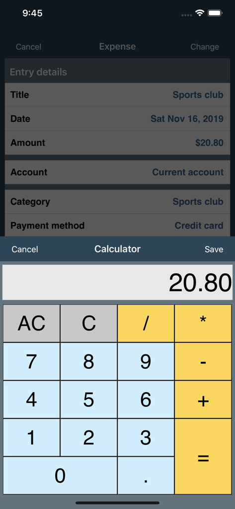 Bildschirm zur Ausgabenerfassung mit integriertem Rechner in Mein Budgetbuch