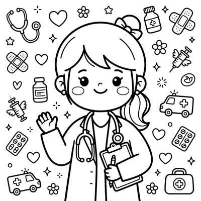 Explore the charming world of medicine with our Kawaii Doctor coloring page, featuring an adorable physician and cute medical accessories. This delightful design is perfect for sparking creativity and learning about healthcare in a fun way.