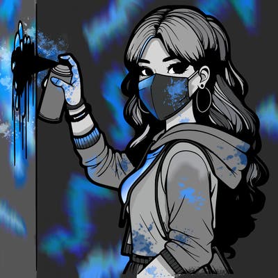 realistic girl with mask spray painting a wall