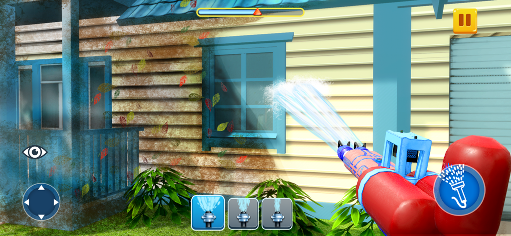 Car Washing Game: Car Clean 3D - Uma pistola de lavagem a alta pressão vermelha pulverizando água para limpar a parede de uma casa suja em um jogo de simulação 3D satisfatório