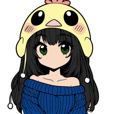 anime girl with chick shaped hat with sweater with bare shoulders with bangs covering them one eye with low tail