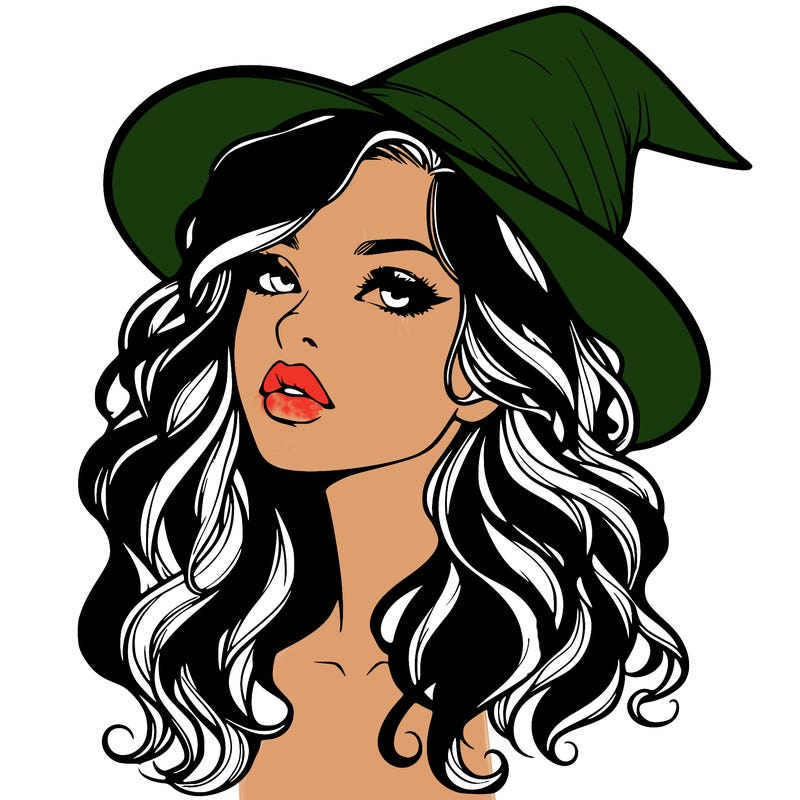 realistic witch girl with wavy hair and lips