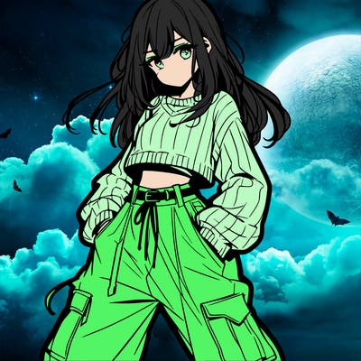 anime teen girl with baggy pants and crop top with sweater