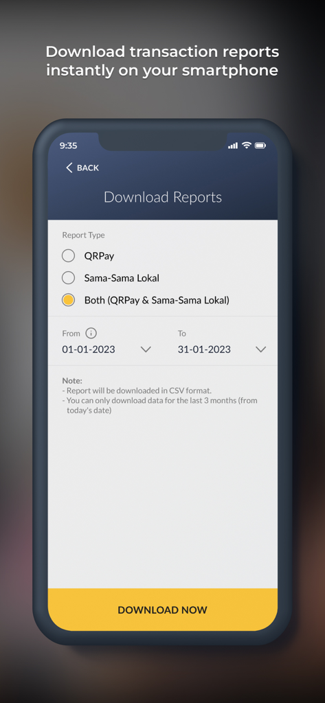 Maybank QRPayBiz - Maybank QRPayBiz app screen for downloading transaction reports on a smartphone