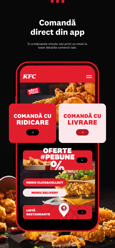 KFC Romania mobile app main screen with ordering and delivery options