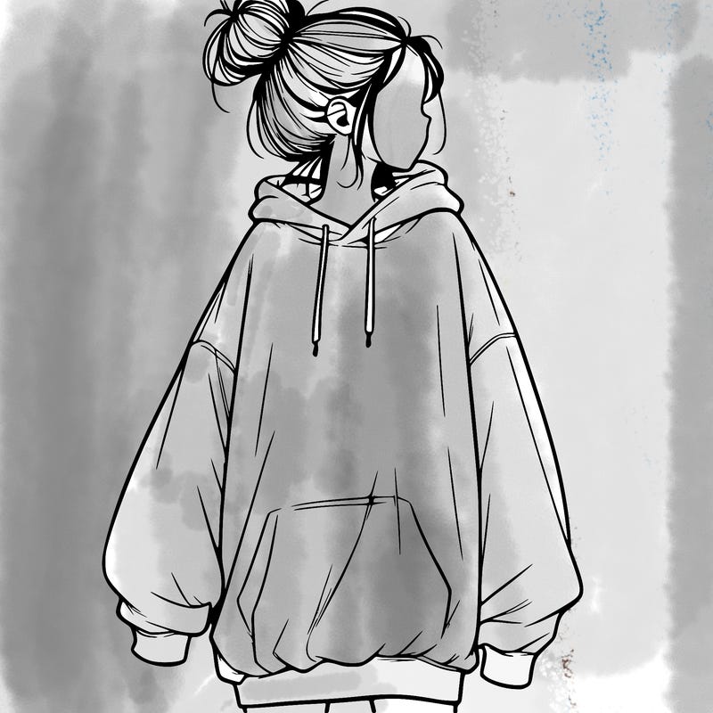 realistic girl with a oversized sweatshirt on and a bun