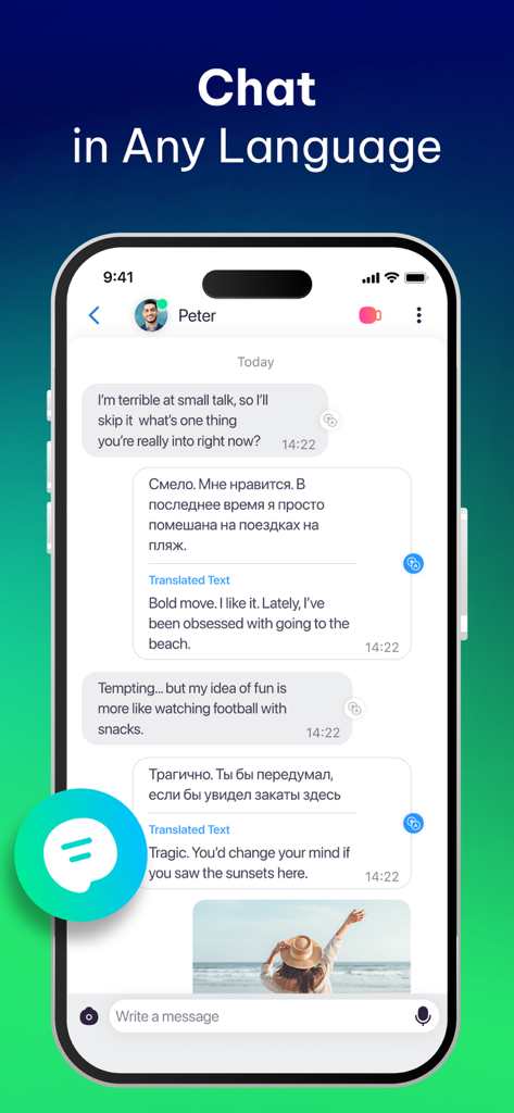 Nozy app chat interface showing real-time text translation between English and Russian speakers