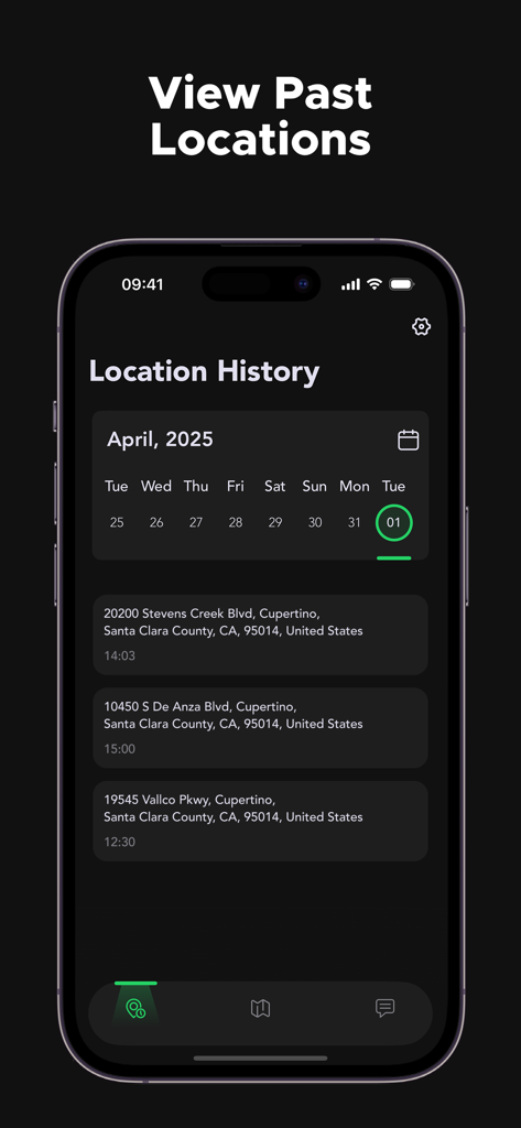 Find Location - Locella - Pantalla de la aplicación móvil Locella que muestra la función de historial de ubicaciones con un calendario y una lista de direcciones y horarios visitados