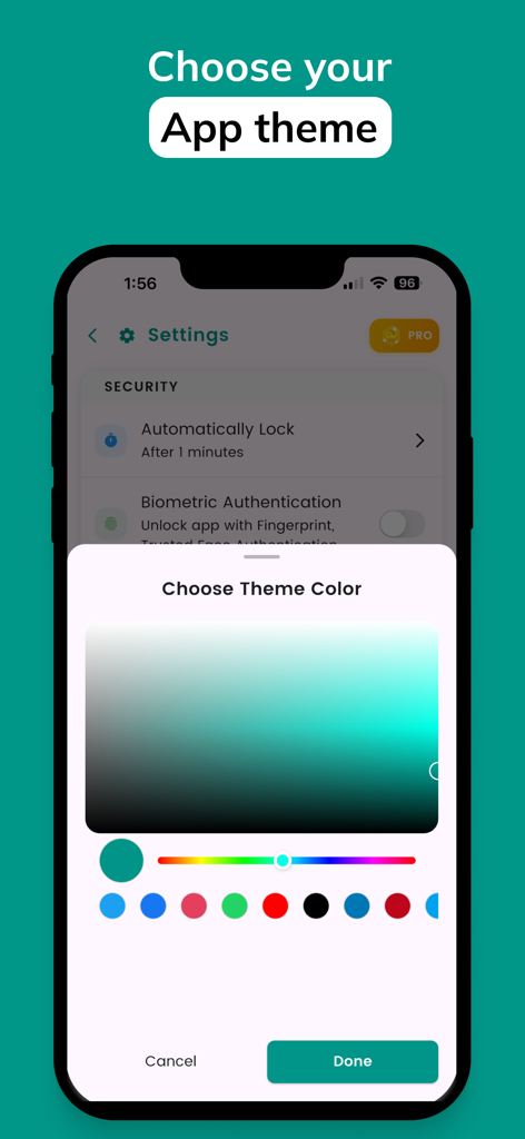 DroidPass Password Manager - Interface of DroidPass Password Manager showing custom app theme color selection options