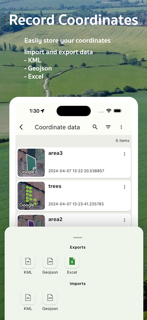 Area Measure & GIS GPS GMapper - Interface for recording and exporting geographical coordinate data to KML, GeoJSON, and Excel formats.