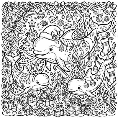 Experience a unique holiday celebration with these adorable pilot whales, all decked out in Christmas cheer beneath the waves. This intricate coloring page combines marine life with festive decorations for a truly magical coloring experience.