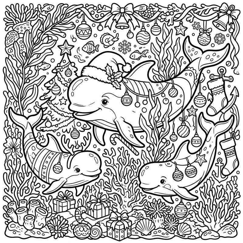 Experience a unique holiday celebration with these adorable pilot whales, all decked out in Christmas cheer beneath the waves. This intricate coloring page combines marine life with festive decorations for a truly magical coloring experience.