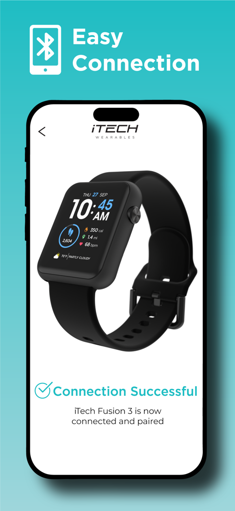Smartphone screen showing a successful pairing between the iTech Wearables app and an iTech Fusion 3 smartwatch