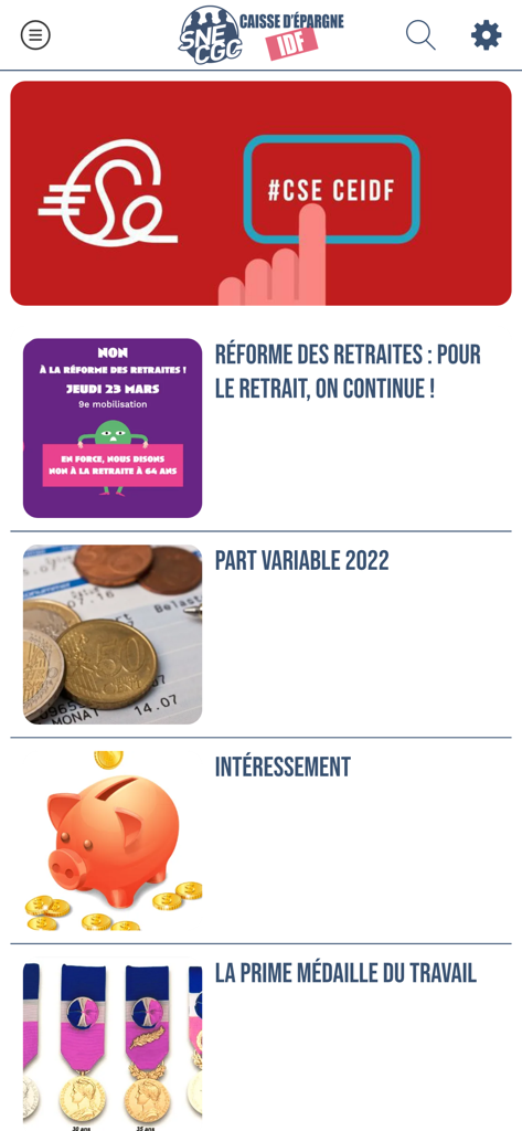 SNE-CGC CEIDF - Mobile app interface showing a news feed with professional updates and benefits for Caisse d Epargne employees.