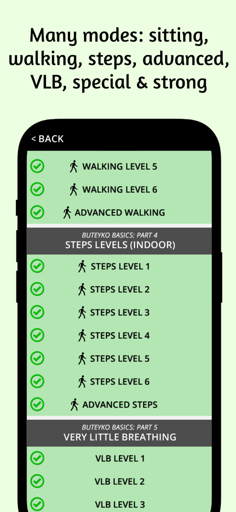 Buteyko Pro - Screenshot of the Buteyko Pro app showing a list of different breathing exercise modes including walking steps and very little breathing levels