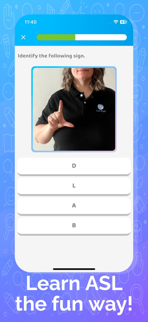 A sign language alphabet quiz in the InterSign ASL mobile app featuring a person signing the letter L