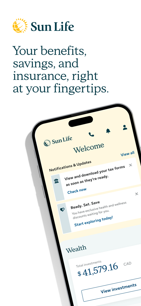 my Sun Life (Canada) - my Sun Life Canada 앱 홈 화면을 표시하는 스마트폰으로, 알림 및 투자 잔액이 표시됩니다.