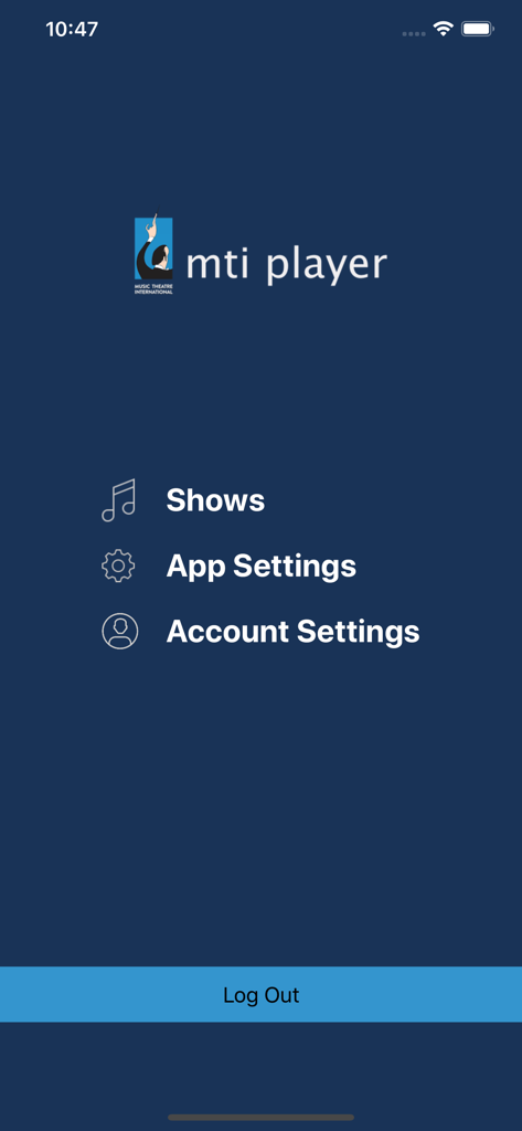 Le menu principal de l'application MTI Player montrant les options de navigation pour les Spectacles, les Paramètres de l'application et les Paramètres du compte.