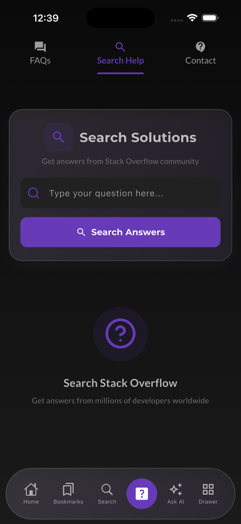 Search help screen featuring a search bar for solutions and community support from Stack Overflow.