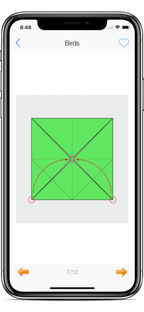 Origami Creator: Fold & Learn - Instructional screen of the Origami Creator app showing a step by step guide to fold a paper bird.