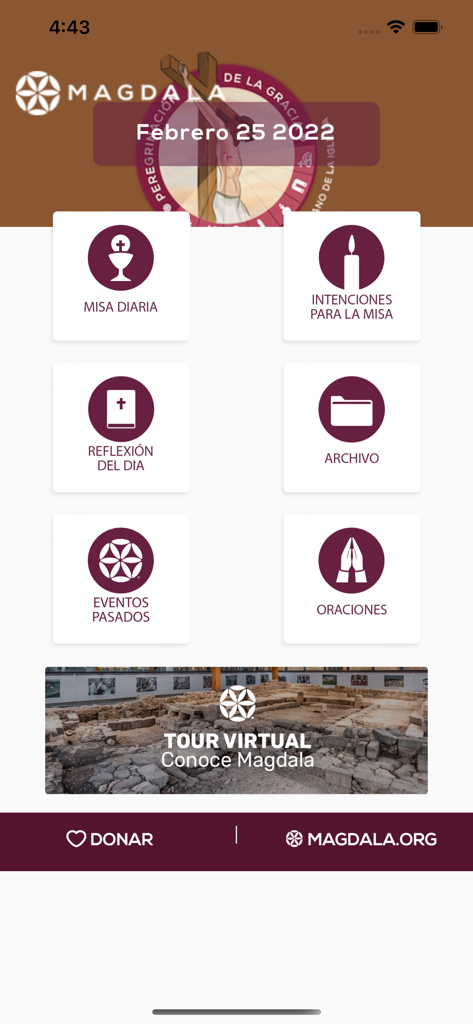 Magdala - Menú principal de la aplicación Magdala en español mostrando iconos para oraciones de misa diaria y un recorrido virtual por Tierra Santa