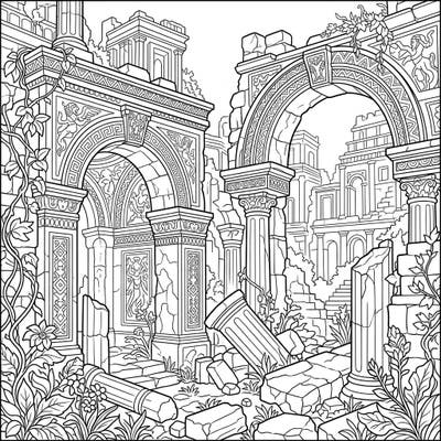 Journey back in time with this stunning adult coloring page featuring intricate ancient city ruins. Discover detailed architectural elements and overgrown foliage, perfect for a relaxing and mindful coloring experience.