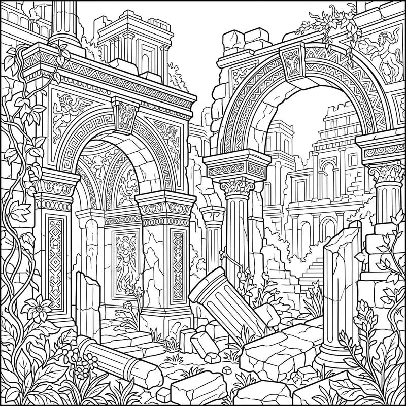 Journey back in time with this stunning adult coloring page featuring intricate ancient city ruins. Discover detailed architectural elements and overgrown foliage, perfect for a relaxing and mindful coloring experience.
