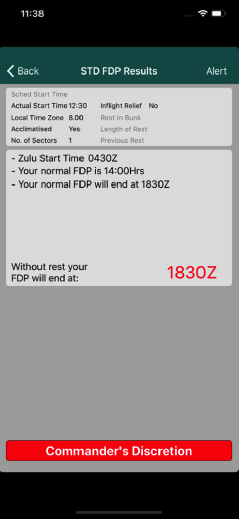 Résultats du calcul de la période de service de vol sur l'écran de l'application CX ToolKit