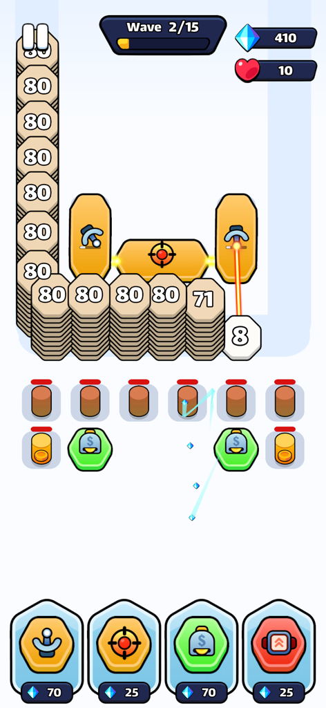 Hex Defense! - Hex Defense gameplay screen showing weapon units attacking numbered enemy stacks