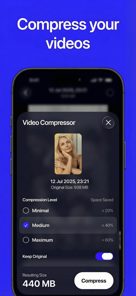 Cleano: Smart Cleaning - Interface of Cleano app showing options to compress videos and save storage space on iPhone