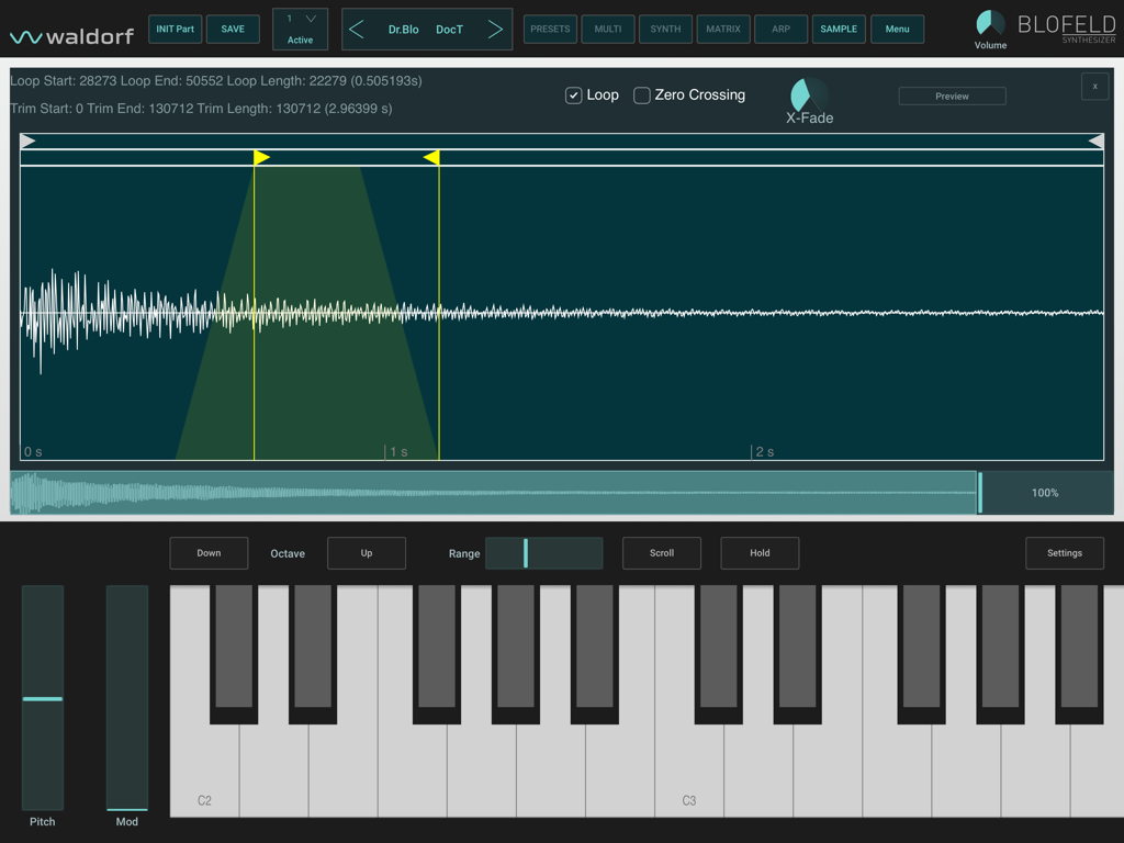 Blofeld - Waldorf Blofeld app waveform sample editor screen with an integrated piano keyboard