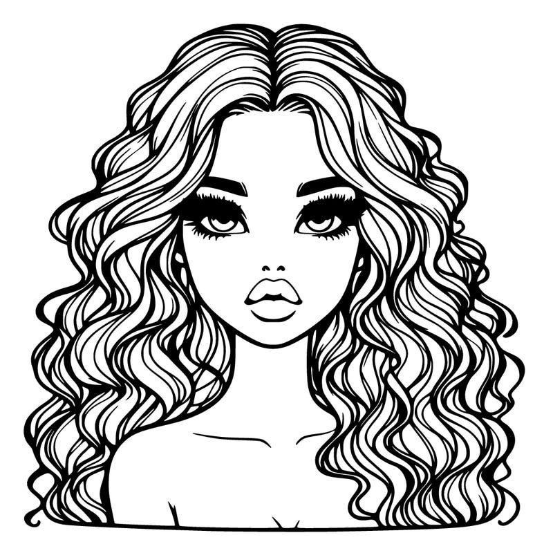 realistic girl with long curly hair and big lips
