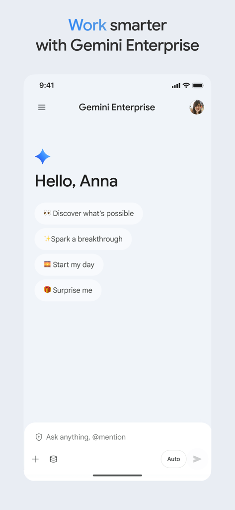 Pantalla de bienvenida de la aplicación Google Gemini Enterprise que muestra opciones personalizadas de asistente de IA.