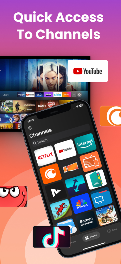 Universal Control TV Remote - Ein iPhone zeigt die Kanalschnittstelle der universellen TV-Fernbedienungs-App mit Symbolen für Netflix und YouTube
