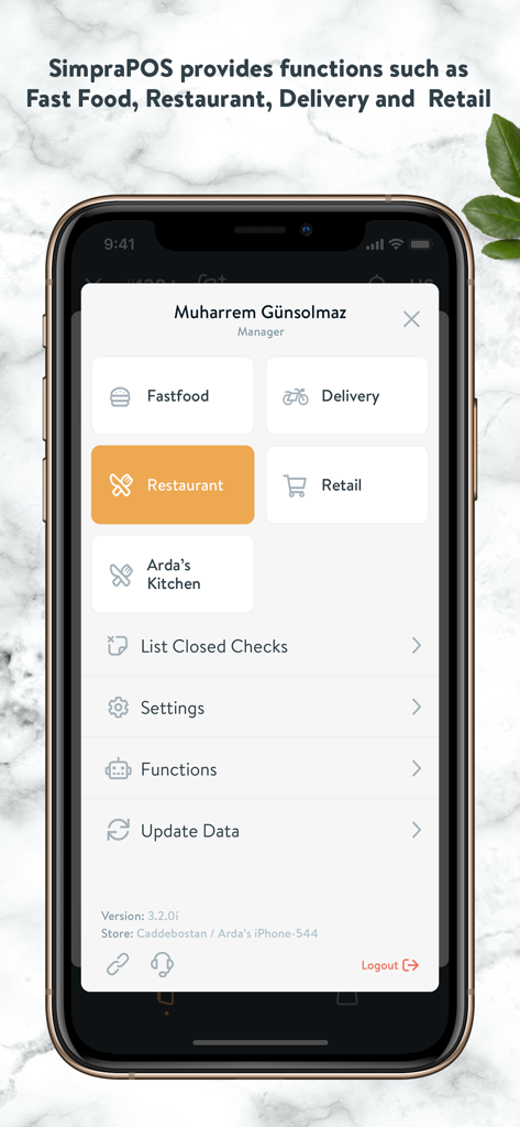 SIMPRA POS - Cloud Based RMS - Simpra POS mobile application dashboard showing restaurant and delivery management functions