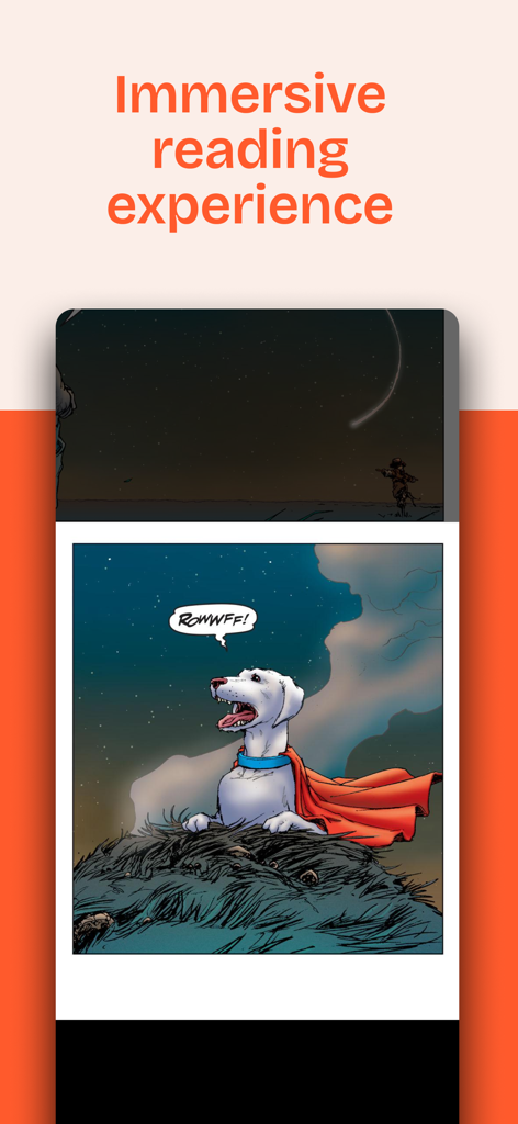 GlobalComix: The Comics App - Screenshot of the GlobalComix app showcasing an immersive reading experience with a comic panel of a superhero dog barking.