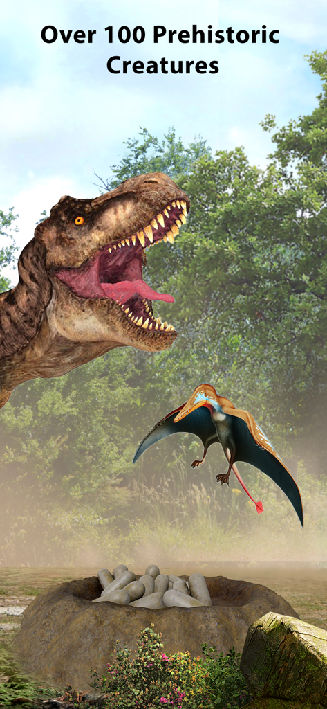 World of Dinosaurs - High quality illustration of a T-Rex and a Pterosaur with a nest of dinosaur eggs in a natural landscape