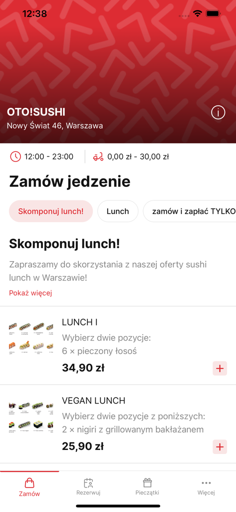 OTO Sushi Mobile App Bestellbildschirm mit Mittagsmenü-Optionen und Preisen